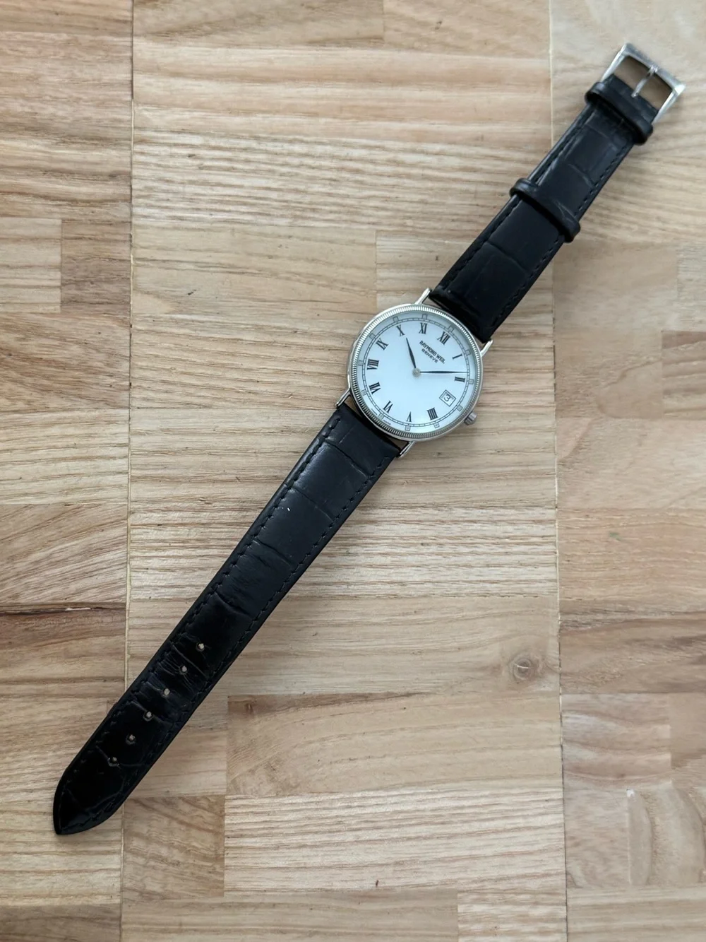Raymond Weil Geneve Rare Stainless Case Vintage Watch White Dial Leather Strap